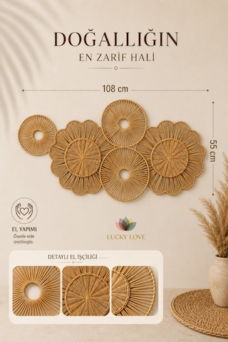 Rattan Duvar Dekoru 108x55 Cm El Yapımı Bohem Doğal Duvar Süsü 1