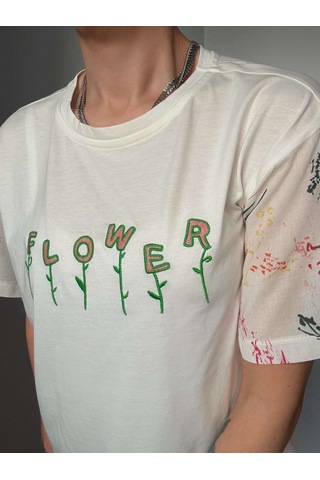 Ali Butik Ekru Flower Baskılı Tişört Ekru