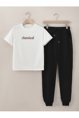 Uyguntarz Unisex Classical Baskılı Alt - Üst Eşofman Takımı Beyaz