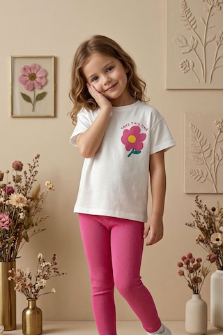 Zuzunga Cute Flower Baskılı Kız Çocuk Takımı Pembe Taytlı Fuşya