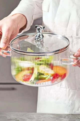 Madamev Cam Tencere Ayıcık Figürlü Minimalist Borosilikat Isıya Dayanıklı Ocaküstü Tencere 1500ml Şeffaf Çizgili