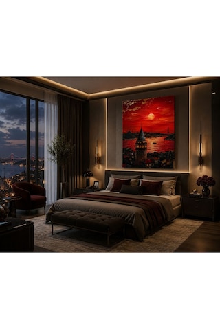 İstanbul Esintili Kızıl Gün Batımı Şehir Silüeti Kanvas Tablo Premium Dokulu Modern Duvar Dekoru Salon, Ofis, Çalışma Odası Ve Lüks Yaşam Alanları İçin Dekoratif Tablo