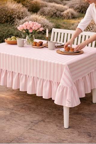 Buldan Keteni Fırfırlı Vintage Pembe Çizgili Masa Örtüsü Çok Renkli