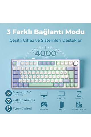 Aula F75 Mekanik Rgb Tkl Graywood V4 Switch Kablosuz Makrolu Hot Swap Türkçe Q Klavye Pastel