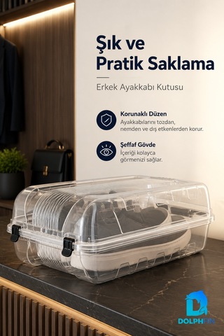 Erkek Ayakkabı Kutusu 37x21x14 Cm Plastik Dolap İçi Düzenleyici Şeffaf