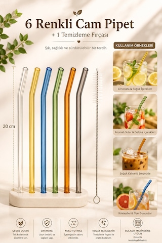 Perotti Straw 6'lı Renkli Cam Eğimli Isıya Dayanıklı Pipet