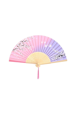 Beluga Yelpaze Bambu Kumaş Serinletici Vintage Pembe/lila Bahar Dalı Şık Dekorasyon Püsküllü Japon Yelpaze 0235