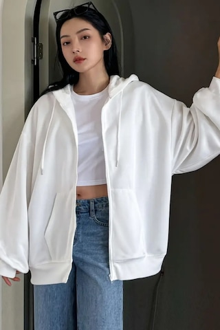Cool Tarz Unisex Beyaz Fermuar Kapüşonlu Sweatshirt Beyaz Beyaz