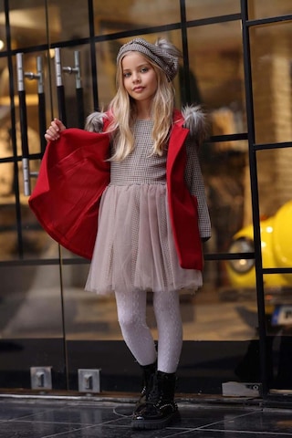 Riccotarz Kız Çocuk Üzeri Kare Desenli Eteği Tüllü Elbise Kürk Detaylı Kolsuz Kırmızı Kaşe Kırmızı