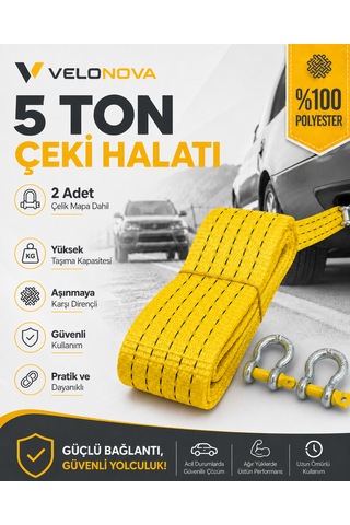 5 Ton Çekme Halatı 3 Metre 5 Cm 2 Adet Omega Kilitli Çelik Mapa Ce Belgeli %100 Polyester Araç Kurtarma Halatı Sarı