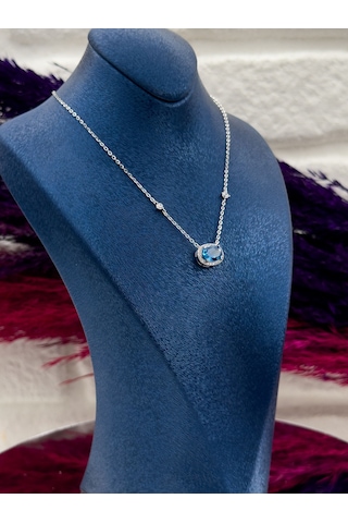 925 Ayar Gümüş Aquamarin Taşlı Özel Tasarım Zarif Kadın Kolye Gümüş