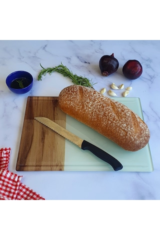 Decorita Kanallı Cam Kesme Tahtası Cam Kesme Tablası Kenarı Ahşap Desenli 25cm x 35cm