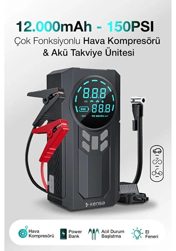 Kensa 4’ü 1 Arada Akü Takviye Cihazı 12000mah | 150 PSI Dijital Hava Pompası Kompresör | Powerbank + Fener