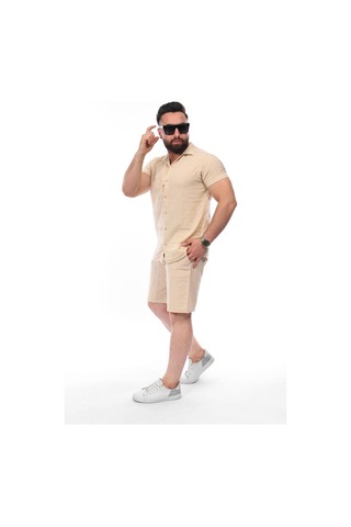 Mcz Giyim Keten Bej Renk Slim Fit Erkek Şort - Gömlek Alt Üst Takım