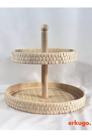 2 Katlı %100 El Yapımı Yuvarlak Sunumluk, Doğal Rattan Tabak, Sunum Tepsisi Bh24375-2 Rattan