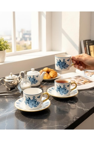2 Kişilik Double Amber Bloom Blue Kahve Fincanı-5698 Mavi