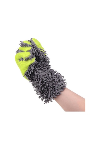 Çift Taraflı Mikrofiber Şönil Tüylü 5 Parmaklı Araba Oto Yıkama Temizlik Eldiveni Yeşil Gri Oto Aksesuarcım