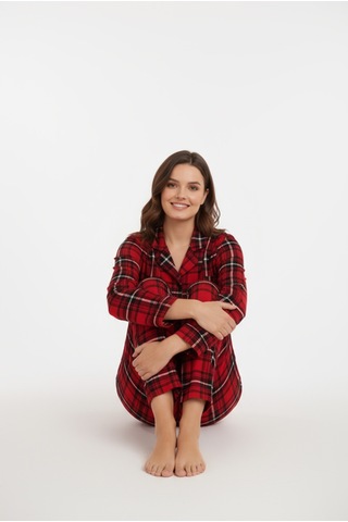 Bravie Luxury Viscose Kırmızı Ekose Desenli Kadın Uzun Kollu Büyük Beden Pijama Takımı 42513 Kırmızı