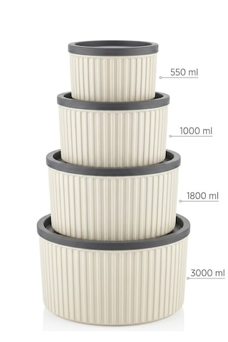 4 Parça Kapaklı İç İçe Geçebilen Erzak Ve Mutfak Saklama Kabı Seti - Krem / Gri Oluklu Desen 550ml, 1000ml, 1800ml, 3000ml Çizgili Tasarım Mutfak Düzenleyici Set