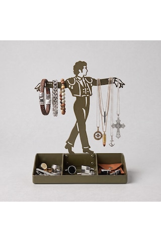 Mens Jewelry Stand & Organizer Flamenco Dancer Valet Tray For Cufflinks, Rings, Watches Black Metal Desk Accessory Gift For Hi Haki