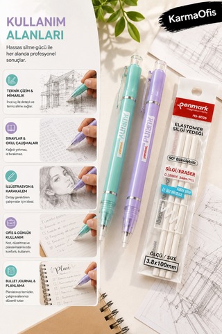 Pastel Mor Ve Yeşil Purity Mekanik Kalem Silgi Seti 3.8 Mm 2 Adet Silgi Kalemi + 3 Lü Silgi Yedeği