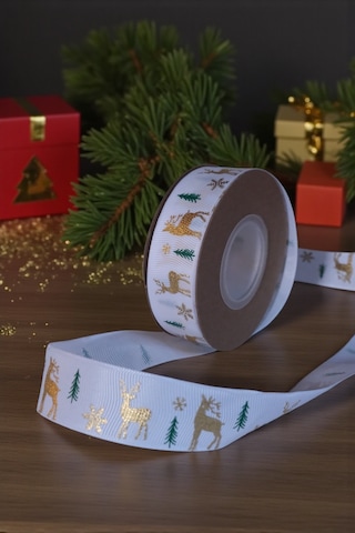 Yılbaşı Grogren Beyaz Kurdele Geyik Desenli Hediye Paketleme, H Karışık