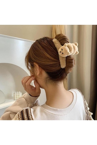 Kadın Çift Taraflı Ayıcık Peluş Mandal Toka 12 Cm Karamel