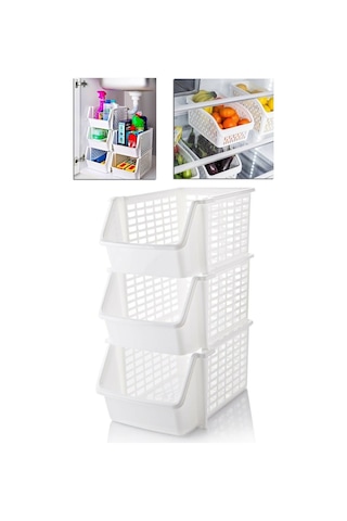 Bayev 3 Katlı Düzenleyici Toparlayıcı Kat Kat Mutfak Rafı Dolap Organizeri 3 Adet Erzak Sebze Kabı Beyaz