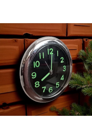 Fosforlu Kromaj Metalik Görünümlü Küçük Duvar Saati Çap 25 Cm Gümüş