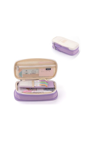 Şık Ve Büyük Kapasiteli Kalem Kutusu, Kalem Çantası Ve Kese Kutusu, Kızlar İçin Mor Desenli Okul Malzemesi Bej
