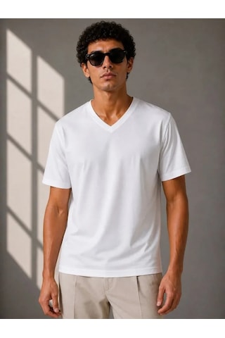 Modi Erkek V Yaka Basic Tişört Kısa Kol Yazlık Regular Fit T-shirt - Beyaz Açık Beyaz