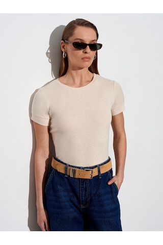 Dilvin 32637 Bisiklet Yaka T-shirt-bej Melanj