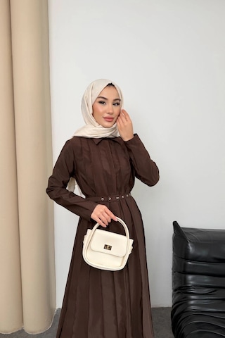 Mihran Butik Quenn Model Coupra Model Kumaş Kemer Detaylı Elbise Kahverengi