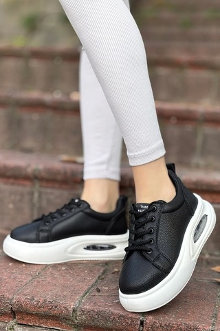 Günlük Kadın Sneaker Örgü Bağcıklı Hafif Kalın Yüksek Balon Taban Yürüyüş Spor Ayakkabı 5750 Siyah - Beyaz