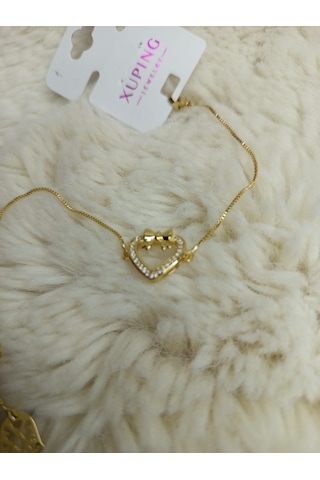 Beren Xuping Zirkon Taşlı Fatma'nın Eli Uçlu Kalp Çelik Bileklik Gold 17+5 Cm