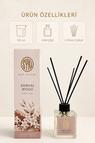Premium Çubuklu Oda Kokusu 100 Ml Cam Şişe Reed Diffuser Sandal Ağacı