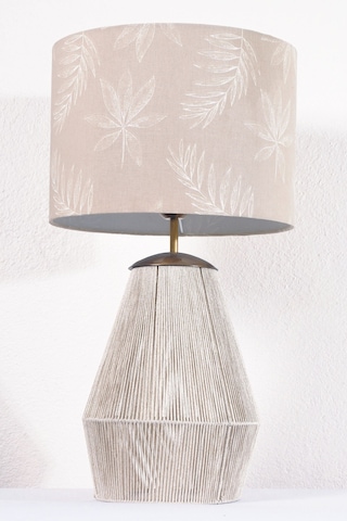 Desenli Başlıklı El Yapımı Simli Beyaz İp Abajur Beyaz