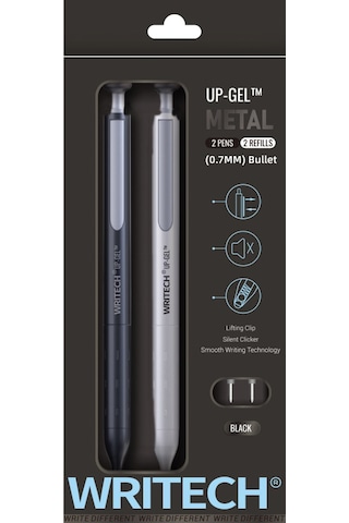 Wrıtech W-0156 Metal Up Siyah-beyaz Gövde 0,7mm Mavi Jel Kalem - 2'li Ahşap