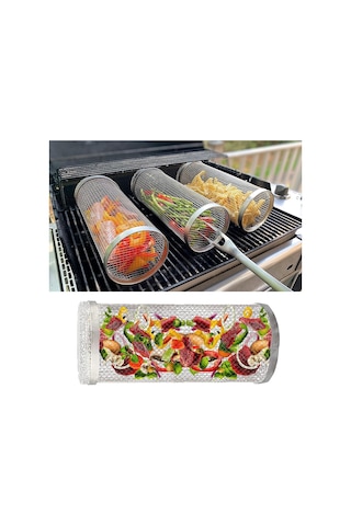 Açık Hava Izgarası İçin Tekerlekli Izgara Sepeti, Paslanmaz Çelik Tel Örgü Silindir Izgara, Barbekü Açık Hava Izgara Ağı Barbekü Ağı Silindiri 7,78 İnç 20 Cm