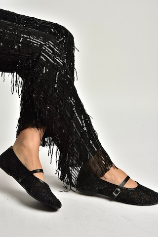 Fox Shoes Y726711415 Siyah File Çiçek Motif İşlemeli Kadın Babet Siyah