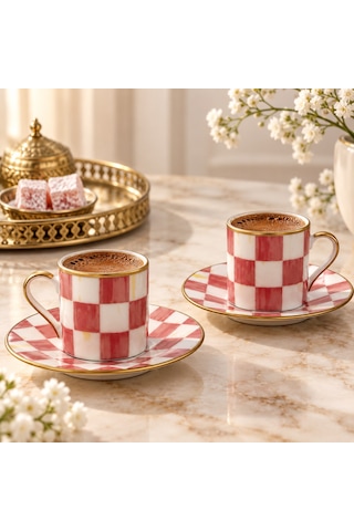 2 Kişilik Türk Kahvesi Fincan Takımı Pudra Kareli Desenli Altın Yaldızlı Kahve Seti Pudra Pembe