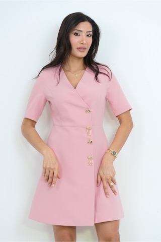 Dorne Moda Premium Gold Düğme Detaylı Mini Elbise - Düğün - Mezuniyet - Ofis Şıklığı Pembe Pembe