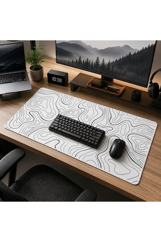 90x40 Cm Mouse Pad, Siyah Topografik Kontur Desenli Büyük Gaming Mouse Pad, Kaymaz Kauçuk Tabanlı, Dikişli Kenarlı