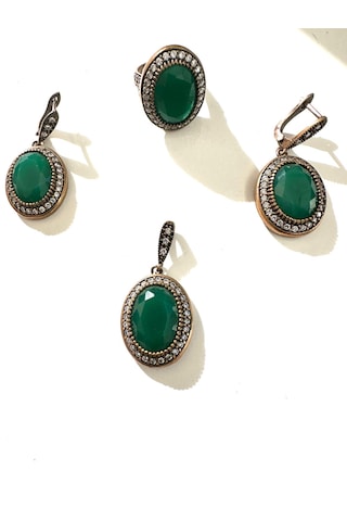 Otantik Yeşim Ve Zirkon Taşlı Gümüş Set Takım 925 Ayar