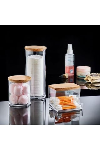 Ahşap Görünümlü Kapak 3'lü Organizer Set, Modern Pamukluk Düzenleyici Şık 3'lü Pamukluk Set - Şık Ve Fonksiy Çok Renkli