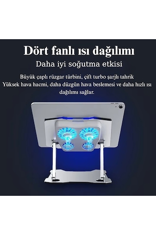 X16 Alüminyum Katlanabilir Laptop Soğutucu Stand 4 Fanlı Led Işıklı Ergonomik Tasarım Soğutucu Stand