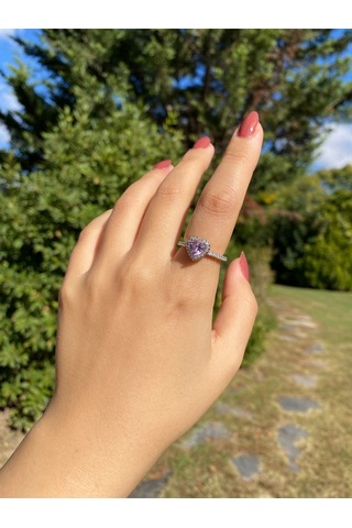 Pembe Kalpli Taşlı Kadın Zarif Yüzük Sevgiliye Hediye