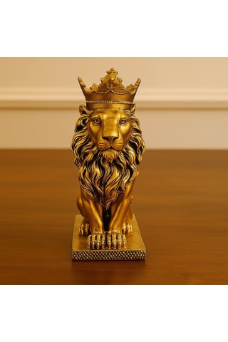 Taçlı Oturan Aslan Figürü Polyester 34x14