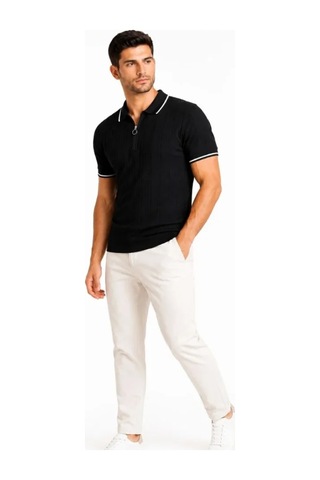 Butik İstanbul Erkek Fitilli Triko T-shirt Polo Yaka Yarım Fermuarlı Kısa Kollu Tişört - Siyah