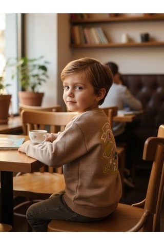 Zekids Erkek Çocuk Pamuklu Gezegen Baskılı Batik Sweatshirt-16332 Bej
